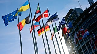 Флаги Евросоюза и стран-членов у здания Европарламента