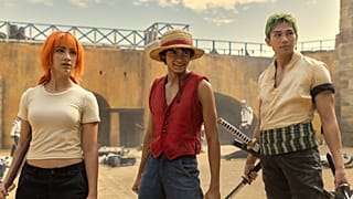 One Piece. (L to R) Emily Rudd as Nami, Iñaki Godoy as Monkey D. Luffy, Mackenyu Arata as Roronoa Zoro in season 1 of One Piece.