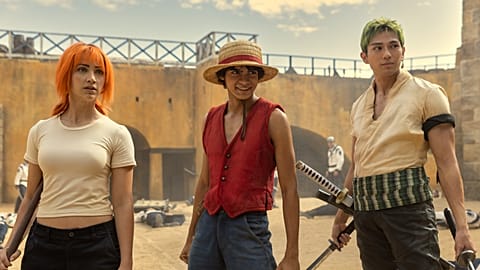 One Piece. (L to R) Emily Rudd as Nami, Iñaki Godoy as Monkey D. Luffy, Mackenyu Arata as Roronoa Zoro in season 1 of One Piece.