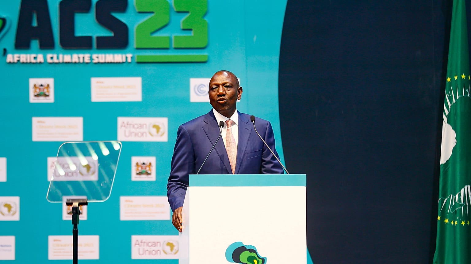 Kenya's President William Ruto speaks at Kenyatta International Conference Centre in Nairobi, Kenya Tuesday, Sept. 5, 2023, during the Africa Climate Summit.