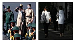 Frauen ohne Kopftuch in den Straßen des Irans (rechts), der oberste Führer des Landes Ali Khamenei (links)
