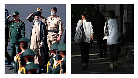 Women without headscarves in streets of Iran (right), Country's supreme leader Ali Khamenei (left)