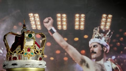 Freddie Mercury's signature crown worn throughout the 'Magic' Tour, on display at Sotheby's auction rooms in London, Thursday, Aug. 3, 2023.
