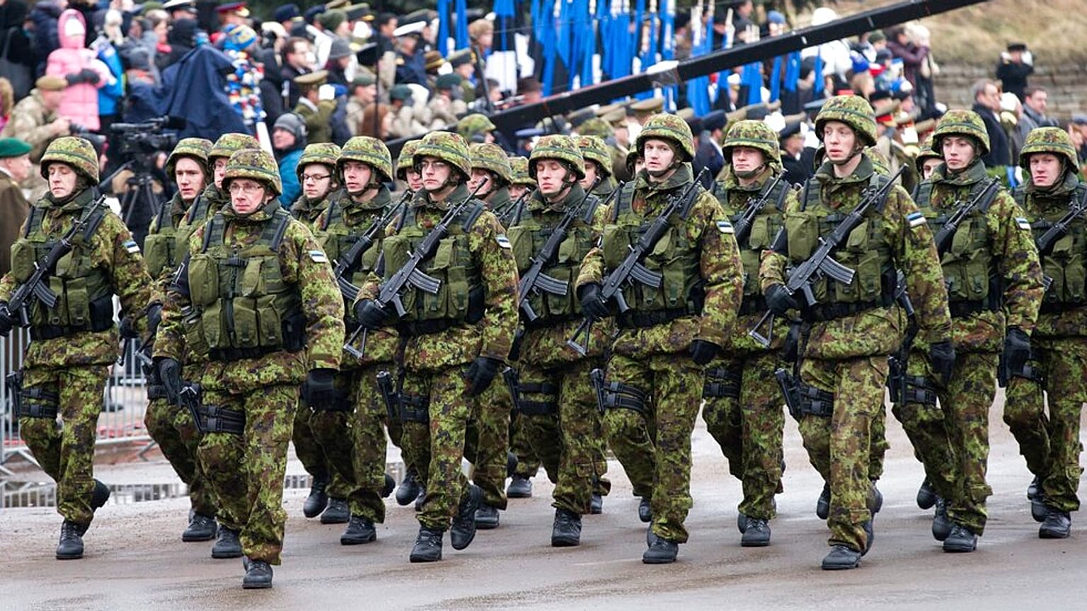 FILE Estonian troops parade in Narva, Estonia, Tuesday, Feb. 24, 2015. 