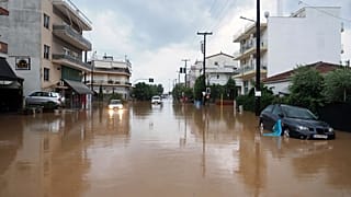 A flooded road after a rainstorm in Volos, Greece, 6 September 2023.