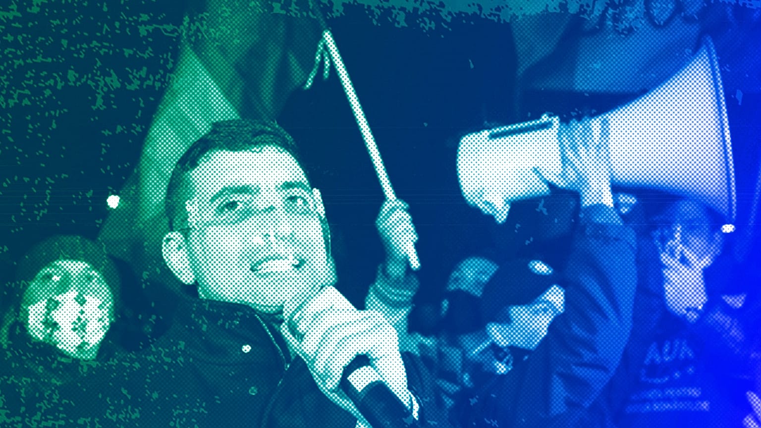 George Simion speaks to protesters after a deadly fire at a hospital treating COVID-19 patients in Bucharest, January 2021