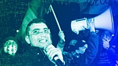 George Simion speaks to protesters after a deadly fire at a hospital treating COVID-19 patients in Bucharest, January 2021