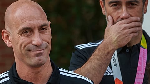  President of Spain's soccer federation, Luis Rubiales, foreground, stands stands next to Spain Head Coach Jorge Vilda.