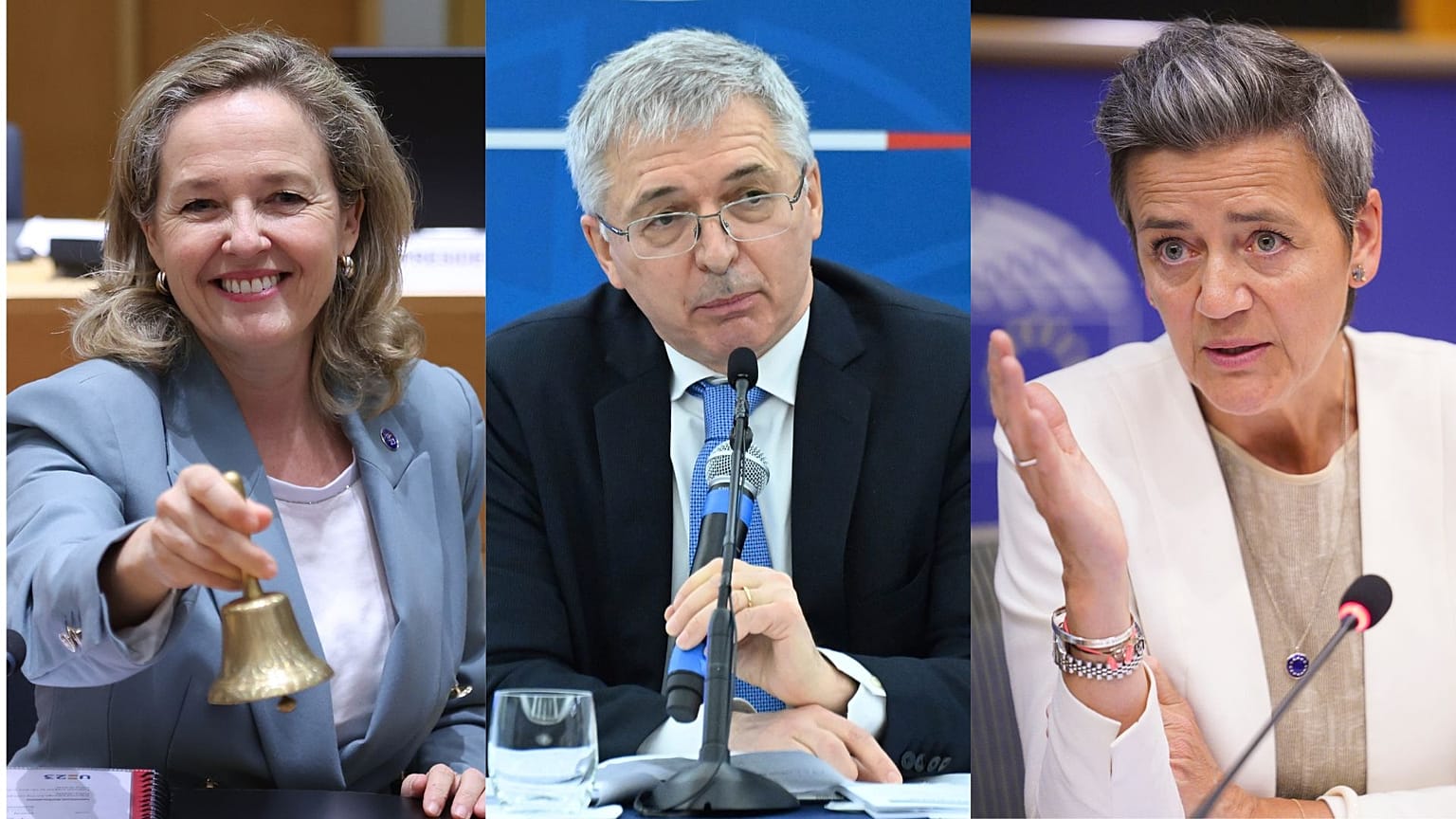 Nadia Calviño, Daniele Franco und Margrethe Vestager