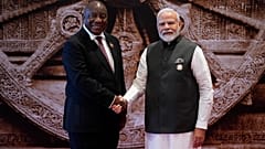 Indian Prime Minister Narendra Modi welcomes South Africa President Cyril Ramaphosa upon his arrival at Bharat Mandapam convention center for the G20 Summit, in New Delhi.