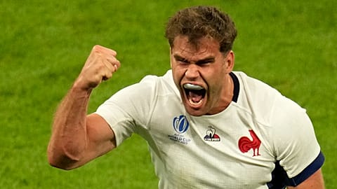 France's Damian Penaud during the Rugby World Cup match between France and New Zealand at the Stade de France in Saint-Denis, Friday, Sept. 8, 2023.