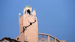 A cracked mosque minaret stands after an earthquake in Moulay Brahim village, near Marrakech, Morocco, Saturday, Sept. 9, 2023.
