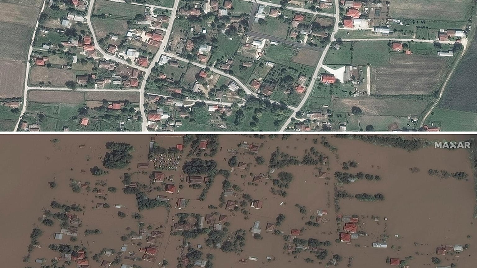 View on Sept. 16, 2022, of the village of Koskinas, in the central region of Thessaly, Greece and on Sept. 9, 2023 after it was flooded following torrential rain