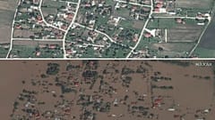View on Sept. 16, 2022, of the village of Koskinas, in the central region of Thessaly, Greece and on Sept. 9, 2023 after it was flooded following torrential rain