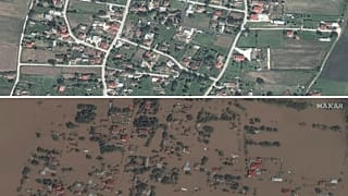 View on Sept. 16, 2022, of the village of Koskinas, in the central region of Thessaly, Greece and on Sept. 9, 2023 after it was flooded following torrential rain