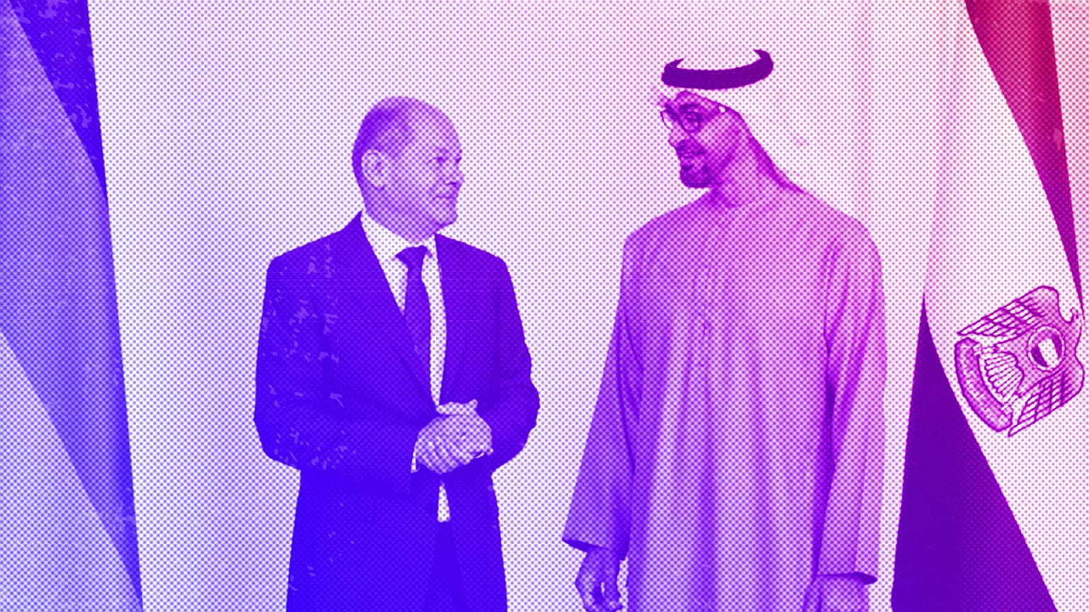 Sheikh Mohamed bin Zayed Al Nahyan, President of the UAE, and German Chancellor Olaf Scholz talk prior to a meeting at Al Shati Palace in Abu Dhabi, September 2022