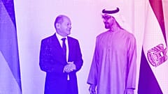 Sheikh Mohamed bin Zayed Al Nahyan, President of the UAE, and German Chancellor Olaf Scholz talk prior to a meeting at Al Shati Palace in Abu Dhabi, September 2022