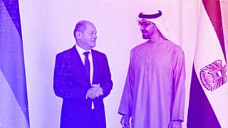Sheikh Mohamed bin Zayed Al Nahyan, President of the UAE, and German Chancellor Olaf Scholz talk prior to a meeting at Al Shati Palace in Abu Dhabi, September 2022