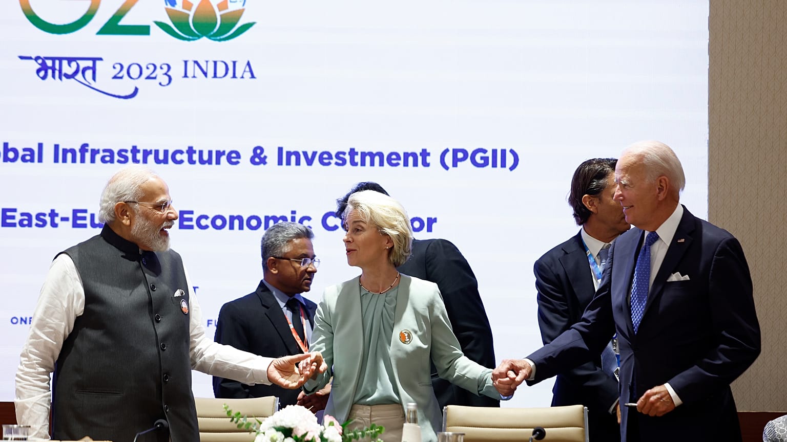 From left to right, Indian Prime Minister Narendra Modi, President of the European Union Ursula von der Leyen and U.S. President Joe Biden in New Delhi, on Saturday.