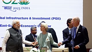 From left to right, Indian Prime Minister Narendra Modi, President of the European Union Ursula von der Leyen and U.S. President Joe Biden in New Delhi, on Saturday.