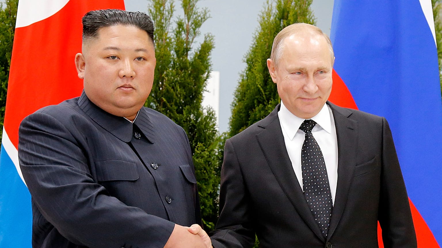 FILE - Russian President Vladimir Putin, right, and North Korea's leader Kim Jong Un shake hands during their meeting in Vladivostok, Russia, Thursday, April 25, 2019.