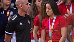 President of Spain's soccer federation, Luis Rubiales stands with Spain's Women's World Cup soccer team.