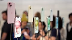 iPhone 15 and 15 Plus models are displayed during an announcement of new products on the Apple campus Tuesday, September 12, 2023