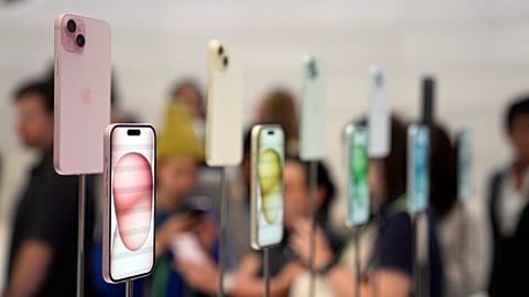 iPhone 15 and 15 Plus models are displayed during an announcement of new products on the Apple campus Tuesday, September 12, 2023