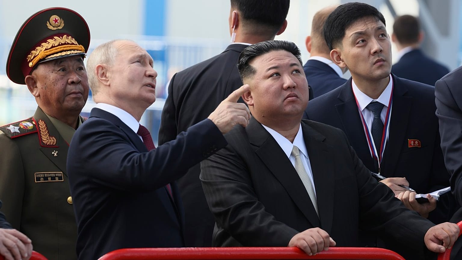 Russian President Vladimir Putin and North Korea's leader Kim Jong Un examine a launch pad during their meeting at the Vostochny cosmodrome outside the city of Tsiolkovsky.