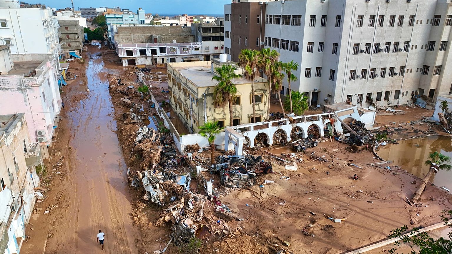 As águas das cheias da tempestade mediterrânica Daniel são visíveis na terça-feira, 12 de setembro de 2023\. 