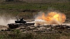 A Ukrainian tanks fires during a training excercise in the Chernigiv region on September 8, 2023.