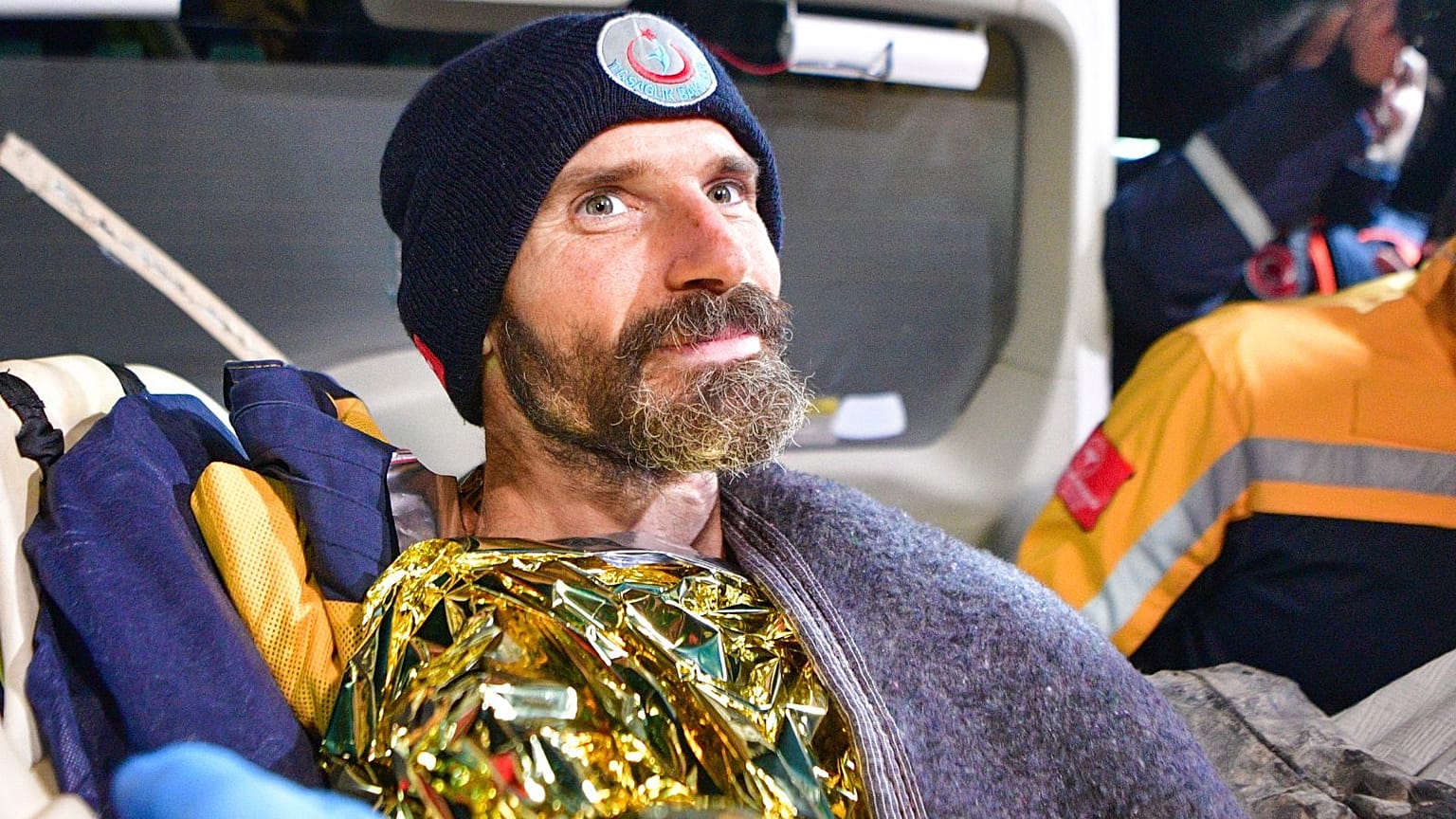 American researcher Mark Dickey is carried in a stretcher after being pulled out of Morca cave near Anamur, south Turkey, on September 12