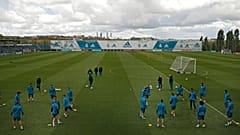 Real Madrid players work out during a training session at the team's Valdebebas training ground in Madrid.