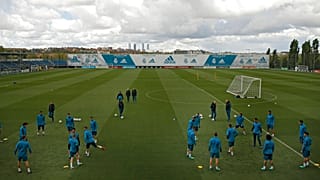 Real Madrid players work out during a training session at the team's Valdebebas training ground in Madrid.