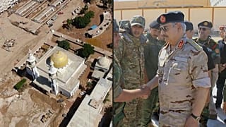  يُظهر مقطع فيديو نشرته القيادة العامة للقوات المسلحة الليبية السبت المشير خليفة حفتر، وهو يقوم بجولة في  درنة التي ضربتها الفيضانات.