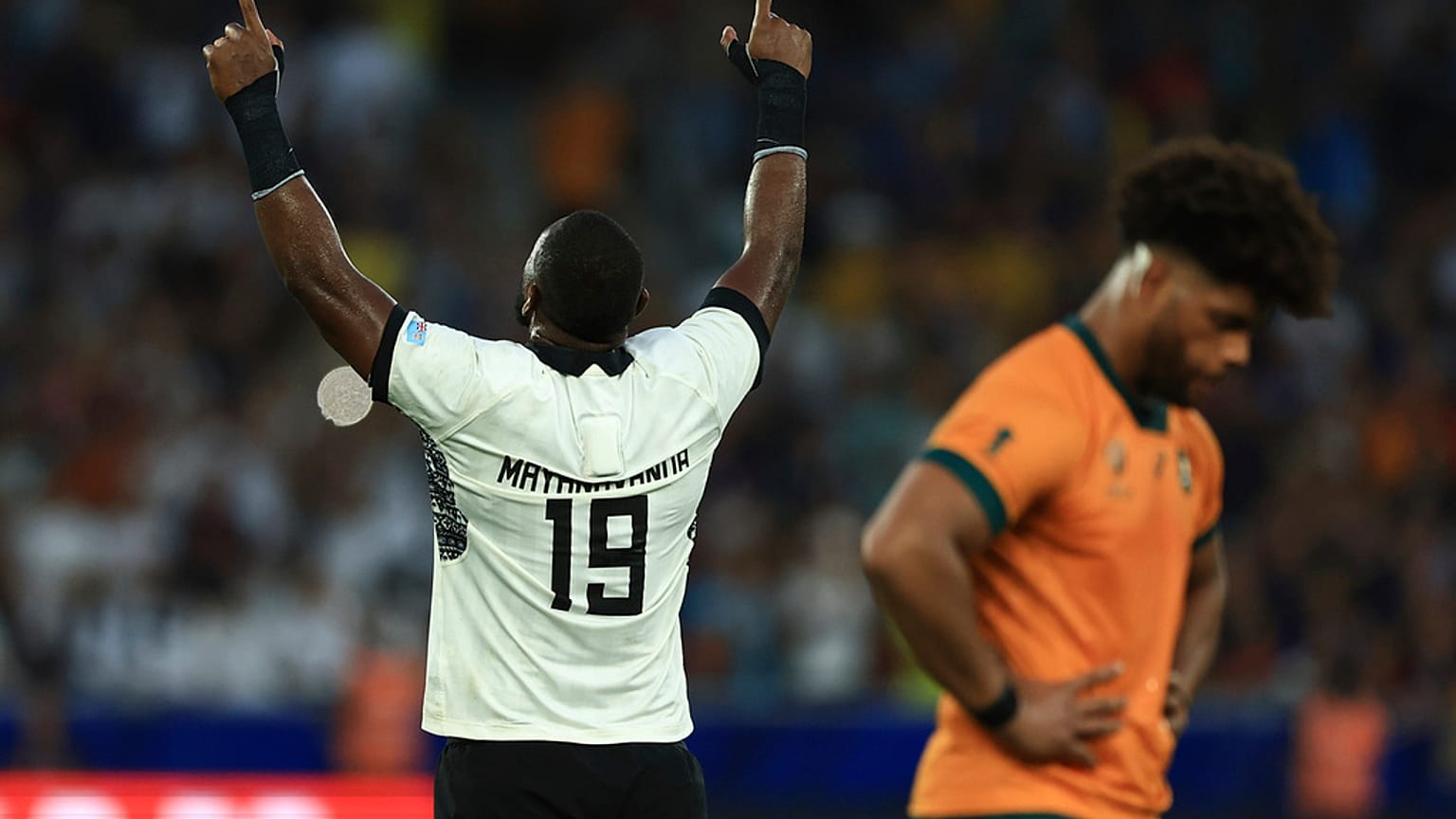 Fiji's Temo Mayanavanua celebrates after the Rugby World Cup Pool C match between Australia and Fiji at the Stade Geoffroy Guichard in Saint-Etienne, France, Sept. 17, 2023.