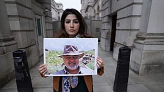 Az egyik bebörtönzött férfi, Morad Tahbaz lánya demonstrál apja szabadon engedéséért