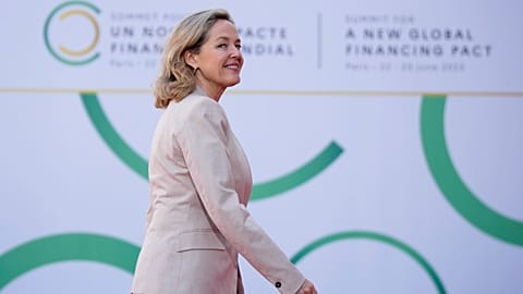 Spain's Economy Minister Nadia Calvino arrives for the closing session of the New Global Financial Pact Summit, Friday, June 23, 2023 in Paris.