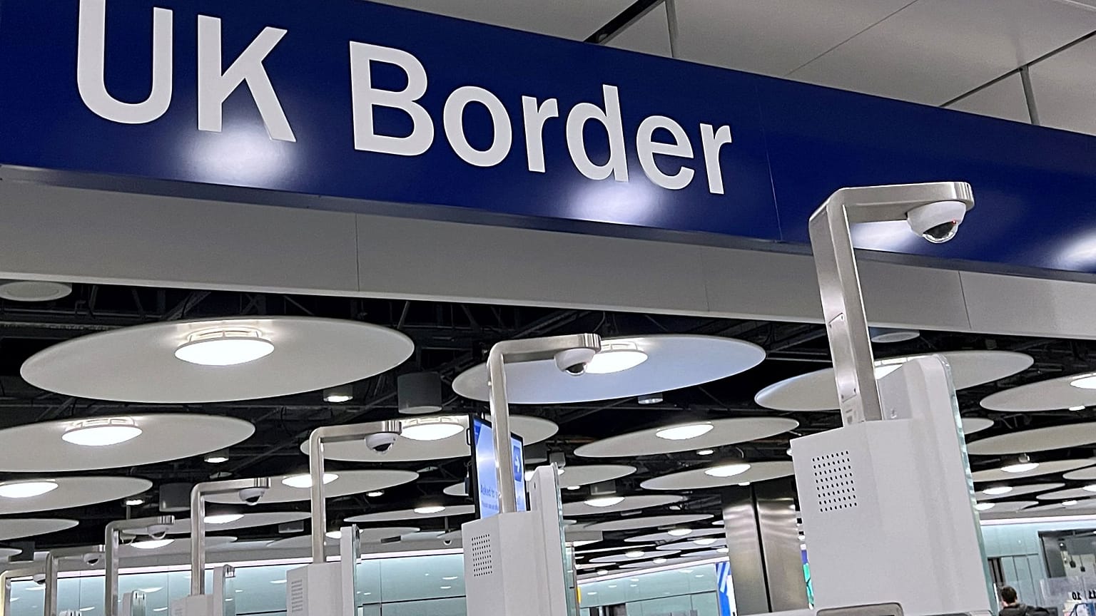 A sign is seen at the arrivals passport control area of Terminal 5, at Heathrow Airport, London, Britain, March 23, 2023.