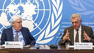 Filippo Grandi (jobbra) sajtótájékoztatót tart az ENSZ genfi székházában 2023. február 15-én - képünk illusztráció.