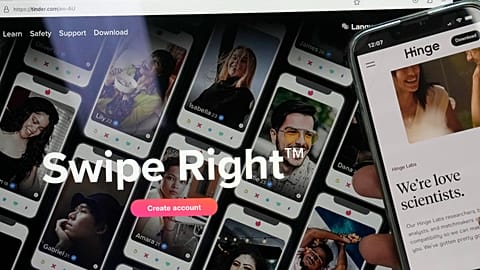 Dating apps are displayed on a computer and a phone in Sydney, Monday, Sept. 18, 2023.