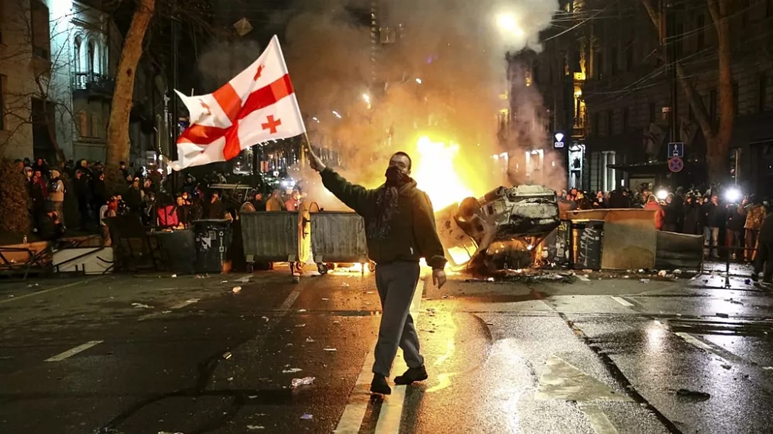Gürcistan Parlamentosu önünde gösteri yapan bir kalabalık ve elinde Gürcü bayrağı bulunan bir eylemci