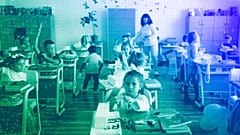 Ukrainian refugee children sit in a classroom at the Ienachita Vacarescu Elementary School after a ceremony for the beginning of the school year in Bucharest, September 2022