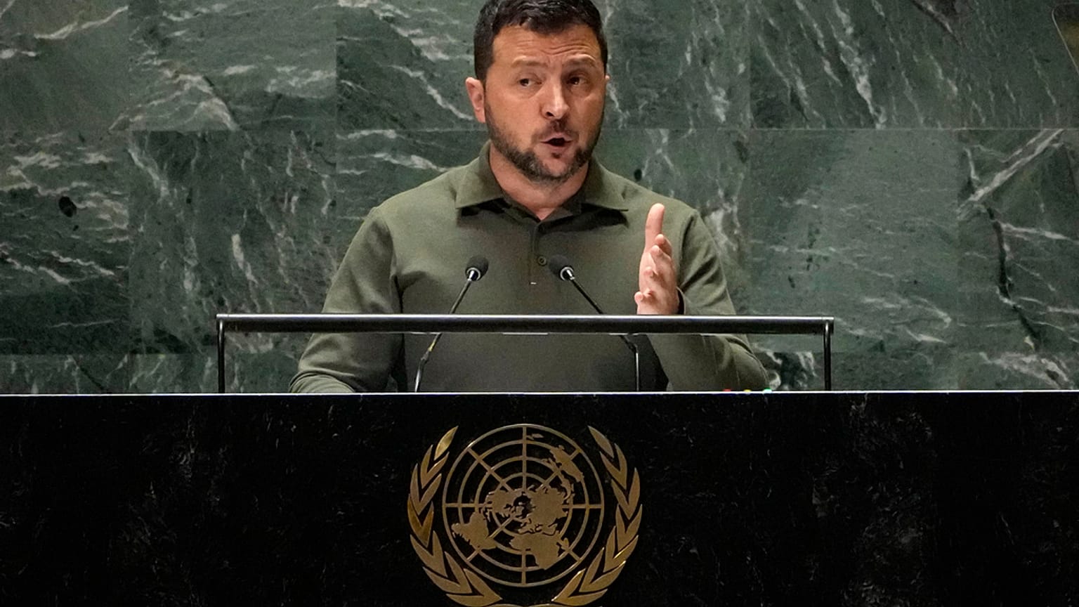 Ukraine's President Volodymyr Zelenskyy addresses the 78th session of the United Nations General Assembly, Tuesday, Sept. 19, 2023.