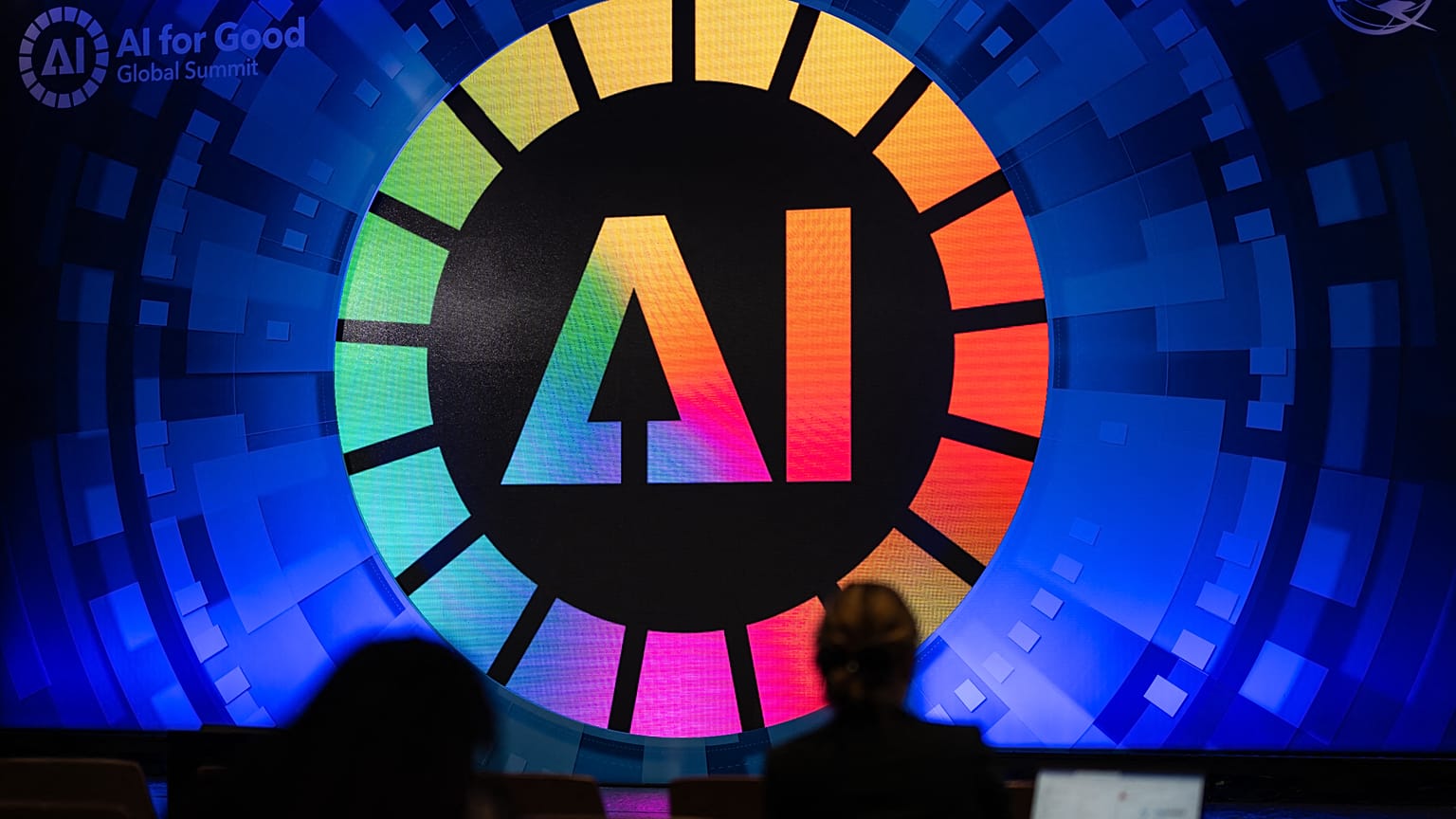 This photograph taken on July 5, 2023 shows a sign of International Telecommunication Union (ITU) AI for Good Global Summit in Geneva