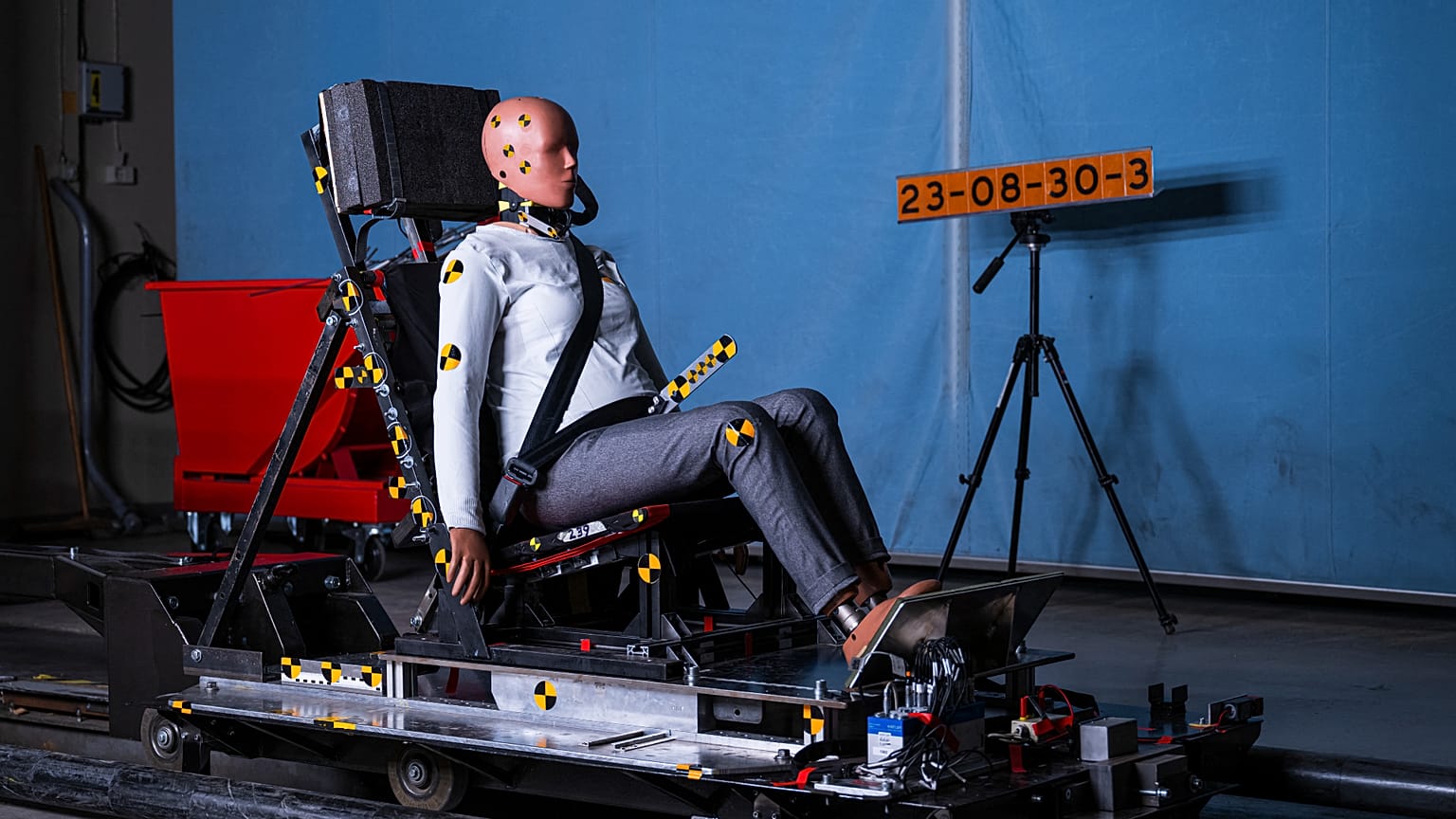 Image shows the world's first female crash test dummy called SET 50F, designed by a Swedish engineer to help make sure women are better protected in cars.