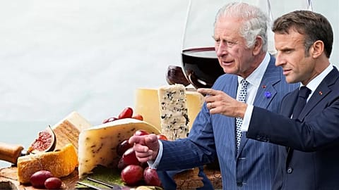 French President Emmanuel Macron, right, and Britain's King Charles III photographed on 20 September 2023 - they will tuck into a selection of three cheeses tonight