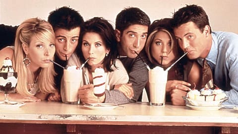 Friends drink milkshakes together.