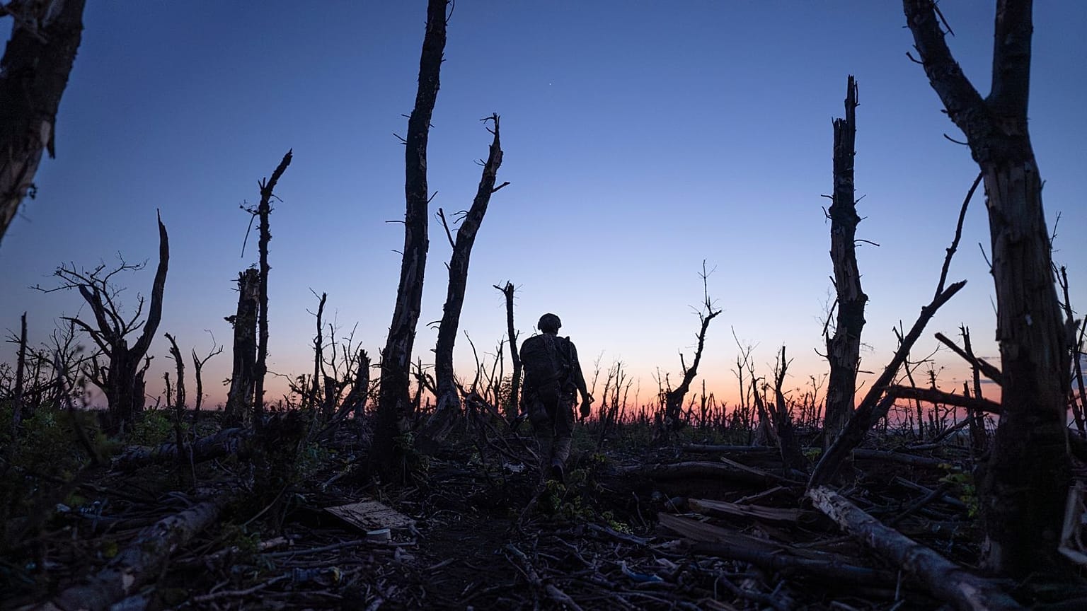 Des militaires ukrainiens traversent une forêt calcinée sur la ligne de front à quelques kilomètres d'Andriivka, dans la région de Donetsk, en Ukraine.