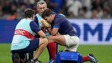 France's Antoine Dupont receives treatment during the Rugby World Cup Pool A match between France and Namibia at the Stade de Marseille. Sept 21, 2023de Marseille in Mar